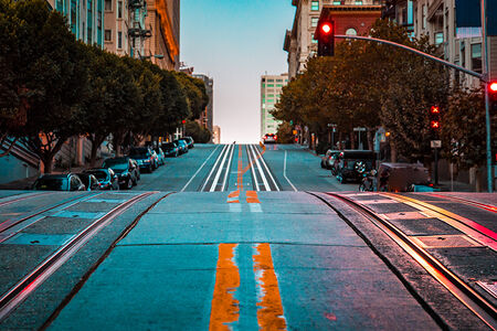 empty road with cable car tracks in san francisco